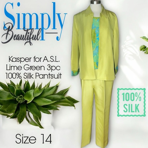 Kasper Dress A.S.L. Lime Green 3pc 100% Silk Pantsuit